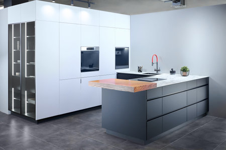 Upscale modern flat design loft kitchen with Induction cooker black glass hob with integrated hood or aspirating induction hob on marble light stoneware countertop panels with flower in vase and sink.の写真素材
