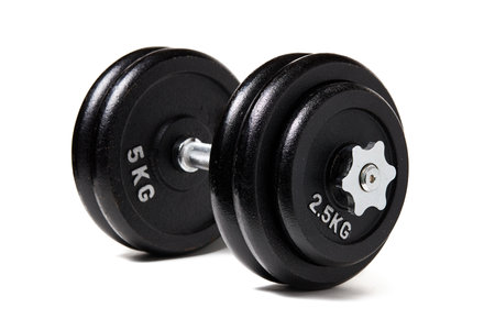 Gym dumbbell isolated over white background three quarter side view.の写真素材
