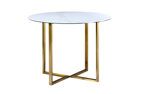 Loft-style kitchen table with round light stoneware countertop and golden squared rectangular steel legs, isolated on white background.の写真素材