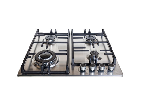 Modern hob gas or gas stove made of stainless steel using natural gas or propane for cooking products, isolated on white background.の写真素材