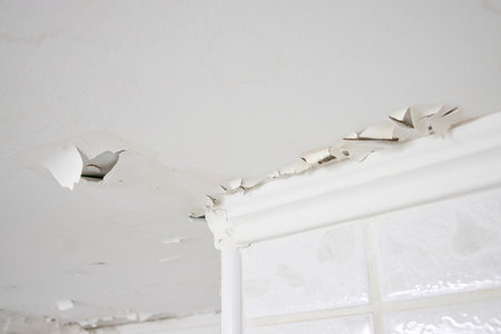 Swelling leaking of whitewash and plaster on ceiling of dwelling due to penetration of water from the top floor or roof, selective focus.の写真素材