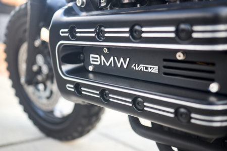 Berlin, Germany - August 20, 2022: Bike Detail Shot of BMW K 1100 logo emblem on engine valves and...
