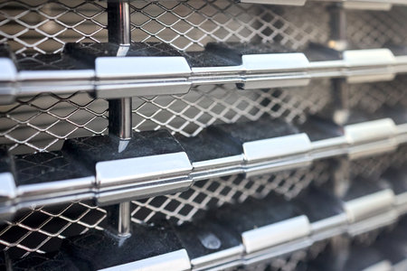 Grid of car. Radiator grille. Metal and plastic closeup texture background. Chrome grill of engine macro selective focus shot.の写真素材
