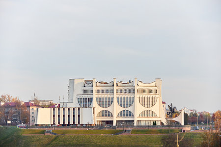 Grodno Hrodna, Belarus - November, 22 2021: Grodno Regional Drama Theater with sculptural composition Pegasus in Bridge street. Example of Soviet architecture in Eastern Europe.のeditorial素材