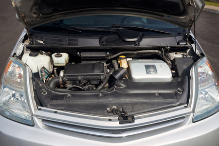 Berlin, Germany - May, 3 2024: Toyota Prius XW20 2009 hybrid electric car engine bay with hybrid synergy drive engine with headlights.のeditorial素材