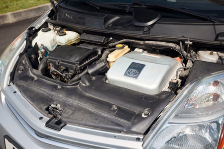 Berlin, Germany - May, 3 2024: Toyota Prius XW20 2009 hybrid electric car engine bay with hybrid synergy drive engine with headlights side view.のeditorial素材