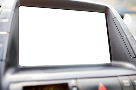 Monitor in car isolated blank screen for navigation maps and GPS rearview camera and parking assistant. Car display with blank white screen for design mock up, copy space.の写真素材