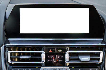 Monitor in car isolated blank screen for navigation maps and GPS rearview camera and parking assistant. Car display with blank white screen for design mock up, copy space.の写真素材