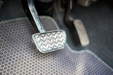 Hybrid electric car interior element, metal gas accelerate and brake pedal. Sport car with automatic gearbox controls.の写真素材