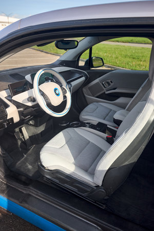Berlin, Germany - May, 4 2024: BMW i3 Range Extender REx 2015 electric B class high roof hatchback interior vertical shotのeditorial素材