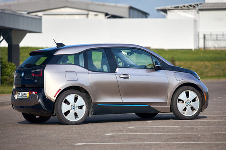 Berlin, Germany - May, 4 2024: BMW i3 Range Extender REx 2015 electric B class high roof hatchback selective focus over out of focus urban background three quarter right side view.のeditorial素材
