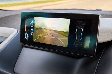 Interior of premium car with rearview camera dynamic trajectory turning lines and parking assistant steering wheel turned right. Driver assistance parking system. Help assist options of luxury car.の写真素材