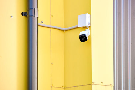 CCTV camera. Security camera on Aluminum composite panels for repair restore facade of commercial building warehouse barn wall, CCTV on buildings monitoring the street.の写真素材