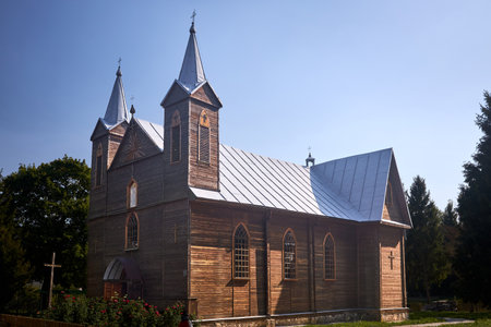 Church of the Holy Apostle Jude in Privalka. Wooden Roman Catholic church Privalka village Grodno region, Belarus. An architectural monument.の写真素材