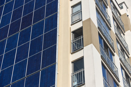 Many solar panels texture with copyspace. Building with lots of solar panels. Renewable solar energy. Alternative Generator Energy efficient house uses solar energy of sunの写真素材