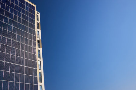 Many solar panels texture with copyspace. Building with lots of solar panels. Renewable solar energy. Alternative Generator Energy efficient house uses solar energy of sunの写真素材