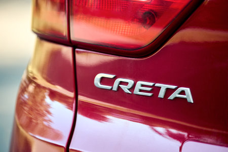 Minsk, Belarus - September, 18 2024: Hyundai Creta Premium 1st generation pre-facelift SUV 2014 2021 red metallic detailing rear badge logo labelのeditorial素材