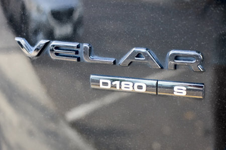 Minsk, Belarus - September, 26 2024: Range Rover Velar S 180d Badge emblem logo, closeup selective focus shotのeditorial素材