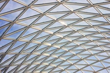 Glass roof of the mall inside view, with Lightning protection system outside.
