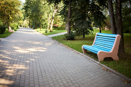 Picturesque alley paved with tiles planted with rowan trees and benches where in bright sunny day in the shade of trees.の写真素材