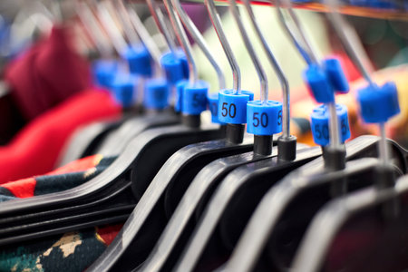 Different sized hanger with colorful dress blue size tags 50 clothes displayed in shop for sale. Selective focus over out of focus mall background with copy spaceの写真素材
