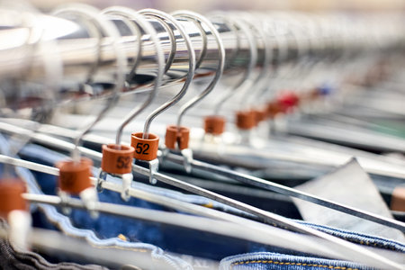 Different sized hanger with colorful dress red brown blue size tags 50 clothes displayed in shop for sale. Selective focus over out of focus mall background with copy space.の写真素材
