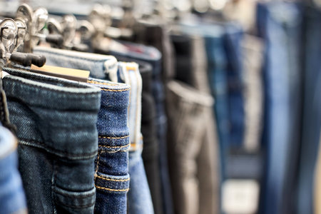 Jeans or denim pants (trousers) hanging on a hanger in mall. Collection of fashion items in clothing store for sale. Textile industry. Blue gray and black denim jeans. Selective focus with copy spaceの写真素材