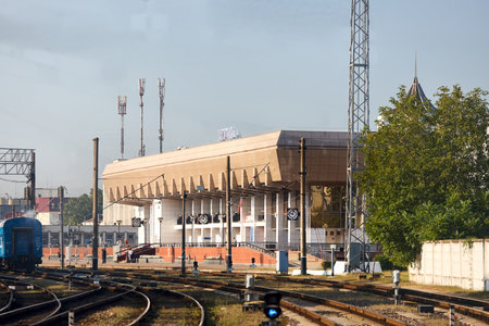 Grodno Hrodna, Belarus - September, 18 2024: Station building view from platform and railway tracks in sunny autumn day. Railroad station of Grodno or Hrodna city in Eastern Europe, Belarus.のeditorial素材