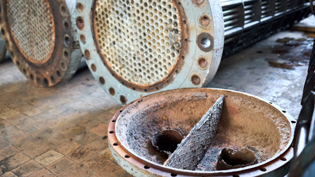 Corrosion, refinery heat exchangers chiller tubes with flange system. Row of Industrial heat exchangers or boilers with covers rusty tube sheet or tube board with deposits and corrosion.の写真素材