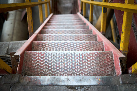 Example of chemical plant steampunk retro style interior part with copyspace. Abstract image of industrial textured rusted stairs going down vertical or downstairs.の写真素材