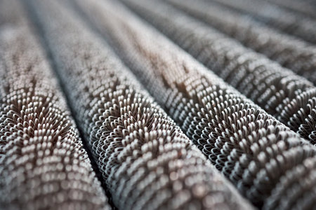 Condensing unit aluminium close up wire finned obsolete tubes grill perspective diagonal texture, compressor and air conditioning system. Industrial background metal material for industry rib heater.の写真素材