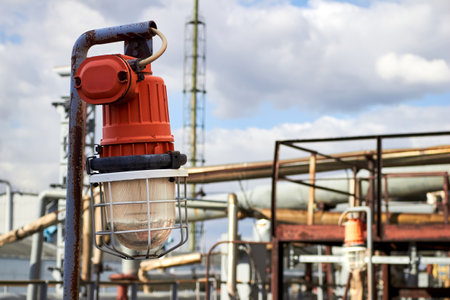 Lighting mast with lantern in explosion-proof and fire-proof design close-up over background of pipelines buildings and equipment of chemical plant with copy spaceの写真素材