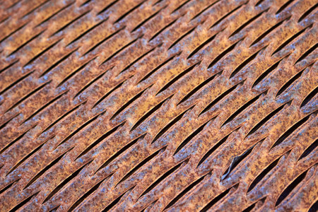 Perforated rusty metal floor sheet stamping plates texture closeup angled view. Metal stamping sheet metal manufacturing lightweight bearing flooring elements structural combine strength functionalityの写真素材