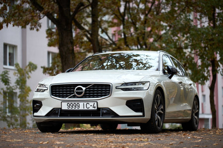 Minsk, Belarus - October, 22 2024: Volvo v60 cross country d3 R-Design awd exterior car urban outdoors with no people front view. Second generation Volvo V60 2018 present based on Volvo SPA Platformのeditorial素材