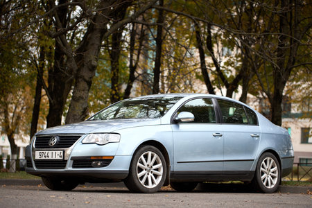 Minsk, Belarus - October, 22 2024: Volkswagen Passat B6 front engineD segment large family car manufactured and marketed by Volkswagen 2005 to 2011. Front Left three quarters selective focus shot.のeditorial素材