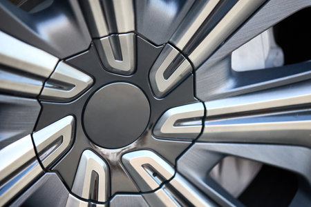 Alloy wheel plug arim nd brake caliper selective focus close upの写真素材