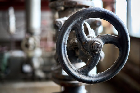 Industrial dusty chemical petrochemical retro style valve closeup with selective focus on steering...