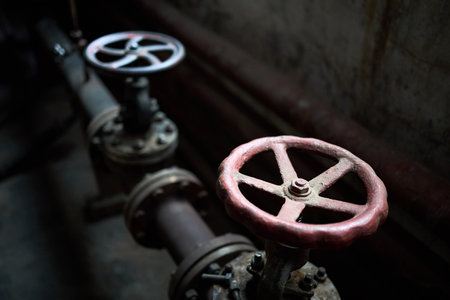 Industrial pair of valves ventil with flanges closeup selective focus over dark industrial steampunk background with copy space.の写真素材