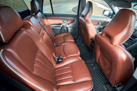 Berlin - October 2021:: Volvo XC90 2.5 1st generation Twilight Bronze 2002-20014 restyling 4WD 4wheel 4x4 SUV. Clean car interior with brown leather back seats.のeditorial素材