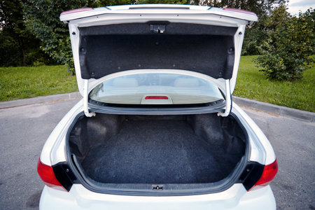 Pearl white car trunk for luggage, empty space.の写真素材