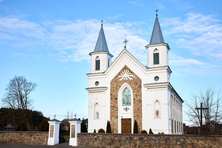 Gozha Belarus - Catholic church of St. Peter and St. Paul with detail of decoration in All Seeing Eye symbol Gozha, Hoza near Grodno Belarus. Masonic Triangle eye Illuminati symbolの写真素材