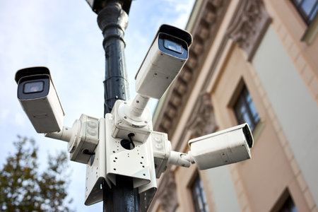 Street CCTV cameras on pole. Multifunctional cameras - radars for monitoring city streets and roads. City protection. security. Smart city.の写真素材