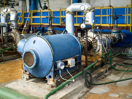 Centrifugal pump with high voltage motor, valves, thermocouples and cooling system for pumping liquids of petrochemical production.の写真素材