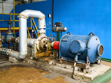 Centrifugal pump with high voltage motor, valves, thermocouples and cooling system for pumping liquids of petrochemical production.の写真素材