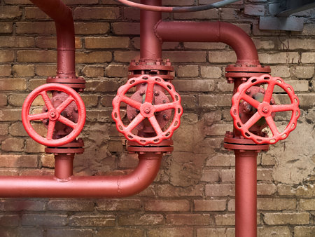 Red valves retro design on red hydrant pipelines with flanges of security and fire extinguishing systems of modern chemical production with copy space.の写真素材
