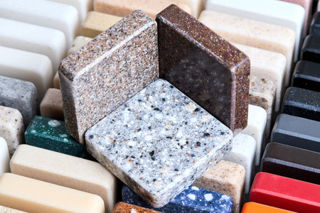 Porcelain stoneware artificial stone square samples as kitchen countertop examples of future kitchen...