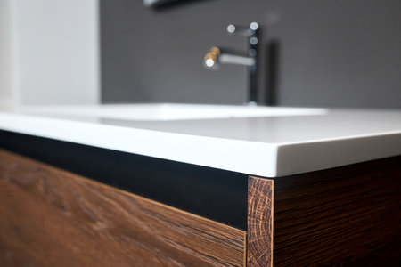 Chipboard CPD particle board particleboard LDSP under basin cabinet corner and table top closeup. Bathroom interior contemporary design countertop tabletop with sink and faucet selective focus closeupの写真素材