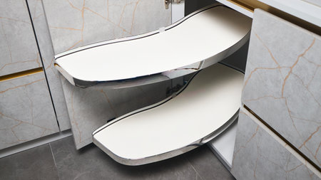 Kitchen access mechanism for Blind Corner Cabinets. Solution for a kitchen corner storage in cupboard. Corner unit with pull out shelves, for cookware.の写真素材