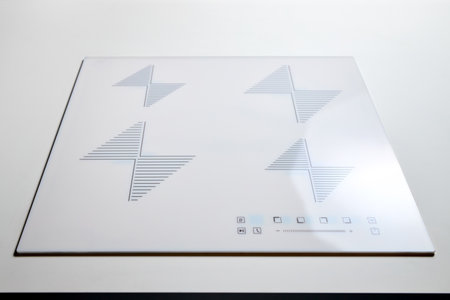 White countertop with white beige glossy built in ceramic induction or electric hob stove cooker with four burners in dark empty Modern kitchen interior with nobody, blurred background.の写真素材