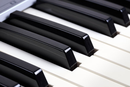 Midi keyboard keys close up shot. Piano keys buttons detail for musical design backgroundの写真素材